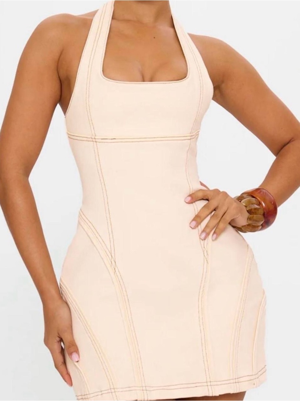 MURCI - Sleeveless Halter Mini Dress in Neutral Cream